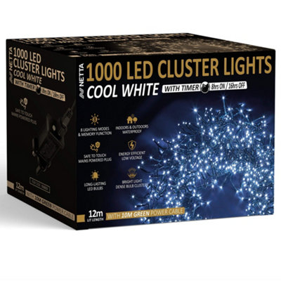 1000 LED 12M Cluster String Lights Outdoor and Indoor Plug In - Cool White