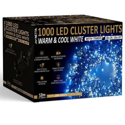 1000 LED Cluster String Lights 12M Indoor/Outdoor Christmas Lights - Warm & Cool White