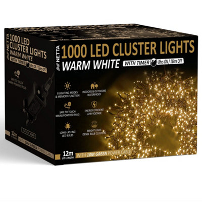 1000 LED Cluster String Lights 12M Indoor/Outdoor Christmas Lights - Warm White