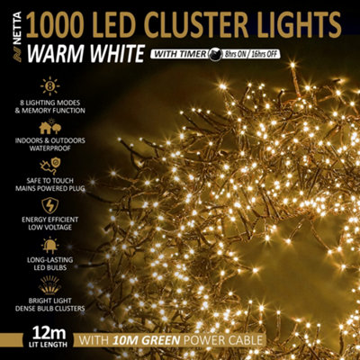 1000 LED Cluster String Lights 12M Indoor/Outdoor Christmas Lights - Warm White