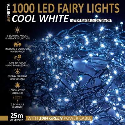 1000 LED Fairy String Lights 25M Indoor & Outdoor Christmas Tree Lights Green Cable - Cool White
