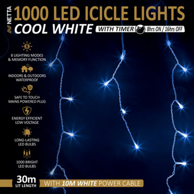 1000 LED Icicle Lights 30M Indoor/Outdoor Christmas Lights with White Cable - Cool White
