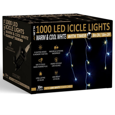 1000 LED Icicle Lights 30M Indoor/Outdoor Christmas Lights with White Cable - Warm & Cool White