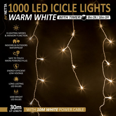 1000 LED Icicle Lights 30M Indoor/Outdoor Christmas Lights with White Cable - Warm White