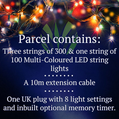 1000 Multi-Coloured LED's Black Cable Connectable Outdoor Garden Party Waterproof String Lights (100m) Low Voltage Plug