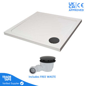 1000 x 1000mm White Square 45mm Low Profile Shower Tray with Matt Black Waste
