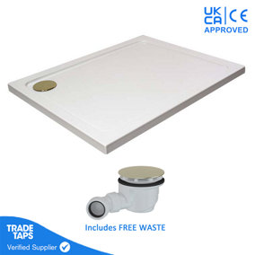 1000 x 700mm White Rectangular 45mm Low Profile Shower Tray with Brushed Brass Waste