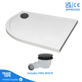 1000 x 800mm White Offset Quadrant Left Hand 45mm Low Profile Shower Tray with Matt Black Waste
