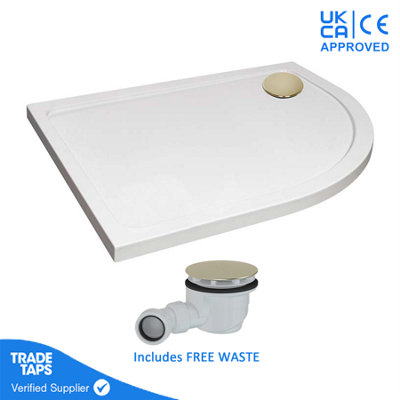 1000 x 800mm White Offset Quadrant Right Hand 45mm Low Profile Shower Tray with Brushed Brass Waste