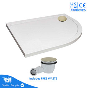 1000 x 800mm White Offset Quadrant Right Hand 45mm Low Profile Shower Tray with Brushed Brass Waste