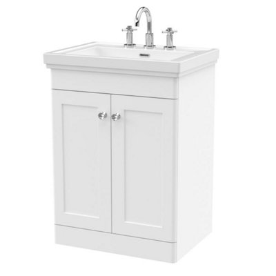 Dezine Loire  2.0 600mm Floor Standing Satin White Vanity Unit3 Tap Hole from B&Q