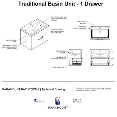 1000mm Traditional 1 Drawer Wall Hung Bathroom Vanity Basin Unit (Fully Assembled) - Lucente Gloss Dust Grey