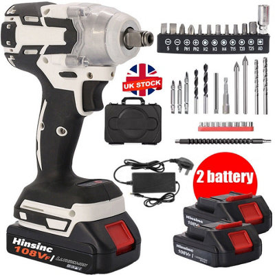 1000Nm 1/2" Cordless Electric Impact Wrench Drill Gun Ratchet Driver + 2 Battery+33 x Drill Bit Set