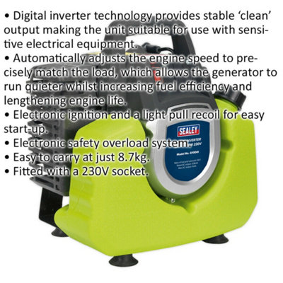1000W Inverter Generator - 2-Stroke Engine - 3.5 Litre Fuel Tank - 230V Socket