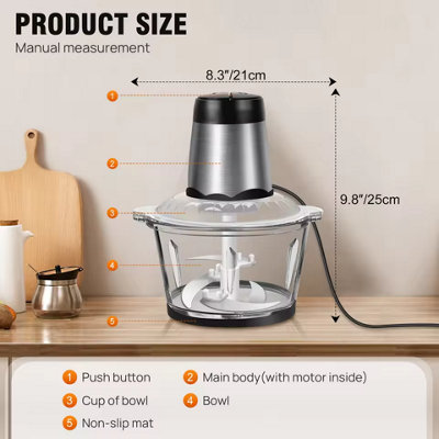 1000W Mini Food Processor ,2L Glass Bowl, 4 Blades