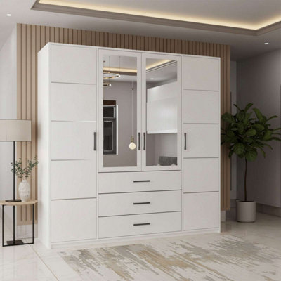 M N Furniture Ltd Bruno Modern 4-Door Wardrobe With Mirror With 3 Storage DrawersSpacious DesignWhite W200Cm X H200Cm from B&Q