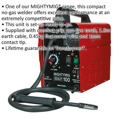 100A Compact No-Gas MIG Welder - 1.8m Earth Cable - Non-Live Torch - 230V Supply