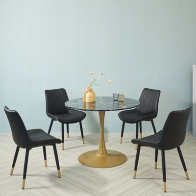 100cm Black Round Marble Dining Table with 4 PU Leather Chairs, Luxury ...