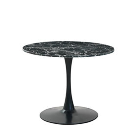 100cm Black Round Marble Dining Table with Black Metal Tulip Legs, suitable for 4 seaters