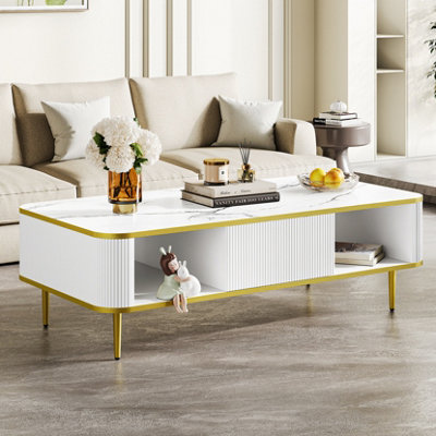 100CM Coffee Table with Drawer, Faux Marble Top, Curved Profile Design, White