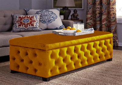100cm Empire Ottoman Storage Box Mustard Gold Plush Velvet Chesterfield Upholstered Coffee Table