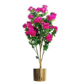 100cm Realistic Artificial Azalea Pink Flowers Potted Plant with Gold Metal Planter
