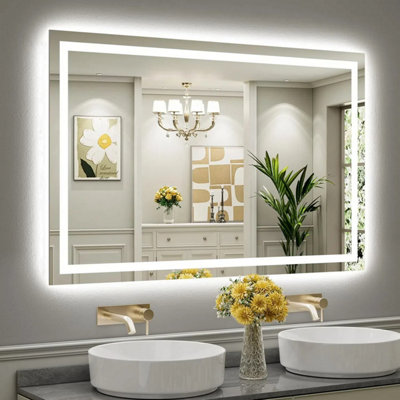 100CM x 60CM LED Bathroom Mirror with Lights, Backlit & Front Lit, Touch Screen Dimmable, Anti-Fog, Memory Function, HD Glass