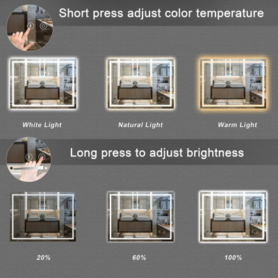 100CM x 60CM LED Bathroom Mirror with Lights, Backlit & Front Lit, Touch Screen Dimmable, Anti-Fog, Memory Function, HD Glass