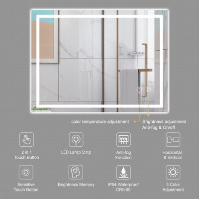 100CM x 60CM LED Bathroom Mirror with Lights, Backlit & Front Lit, Touch Screen Dimmable, Anti-Fog, Memory Function, HD Glass
