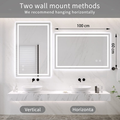 100CM x 60CM LED Bathroom Mirror with Lights, Backlit & Front Lit, Touch Screen Dimmable, Anti-Fog, Memory Function, HD Glass