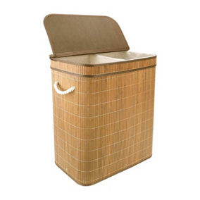 100L Bamboo Laundry Basket with Flip Lid - Large Folding Clothes Hamper Washing Bin with 2 Compartments Sections