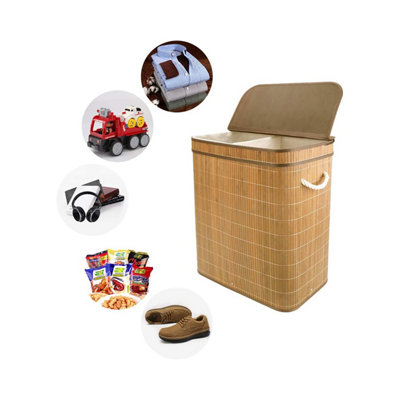100L Bamboo Laundry Basket with Flip Lid - Large Folding Clothes Hamper Washing Bin with 2 Compartments Sections