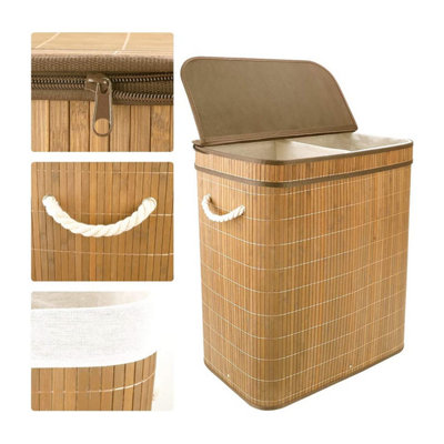 100L Bamboo Laundry Basket with Flip Lid - Large Folding Clothes Hamper Washing Bin with 2 Compartments Sections - 7