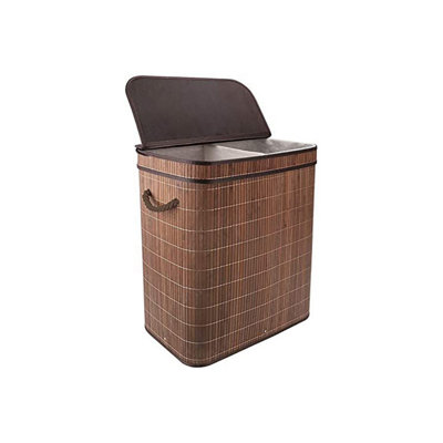 100L Bamboo Laundry Basket with Flip Lid Large Folding Clothes Hamper Washing Bin with 2 Compartments Sections