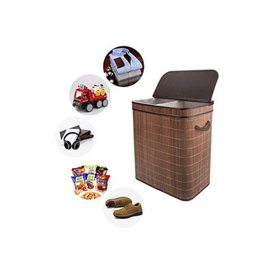 100L Bamboo Laundry Basket with Flip Lid Large Folding Clothes Hamper Washing Bin with 2 Compartments Sections
