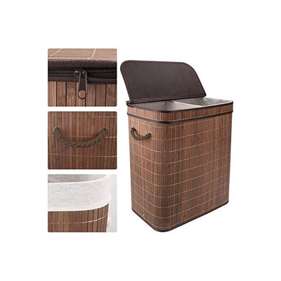 100L Bamboo Laundry Basket with Flip Lid Large Folding Clothes Hamper Washing Bin with 2 Compartments Sections - 5