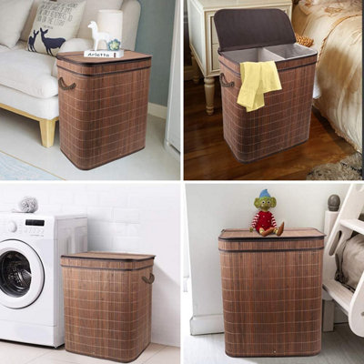 100L Bamboo Laundry Basket with Flip Lid Large Folding Clothes Hamper Washing Bin with 2 Compartments Sections - 6