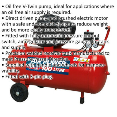 100L Direct Drive Air Compressor - Oil Free V-Twin Pump - 3 hp Induction Motor