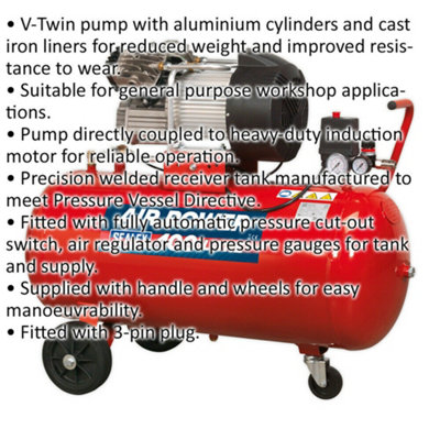 100L Direct Drive Air Compressor - V-Twin Pump - 3 hp Heavy Duty Induction Motor
