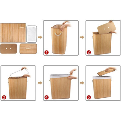 100L Large Bamboo Foldable Laundry Basket - Clothes Sorter Hamper Storage Bin with Lid Liner - 3