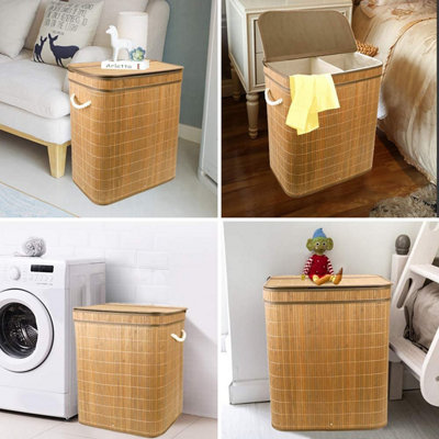 100L Large Bamboo Foldable Laundry Basket - Clothes Sorter Hamper Storage Bin with Lid Liner - 4