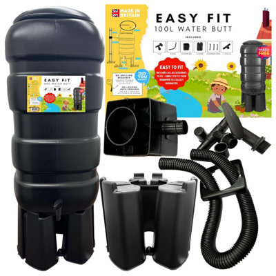 100L Strong Traditional Black Barrel Design Water Butt Rain Water Collector Including Lid, Tap, Stand & Filler Kit