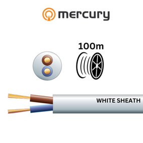 100m 3182Y 2 Core Round PVC, 300/500V, HO5VV-F2, 15A 100m Reel - White