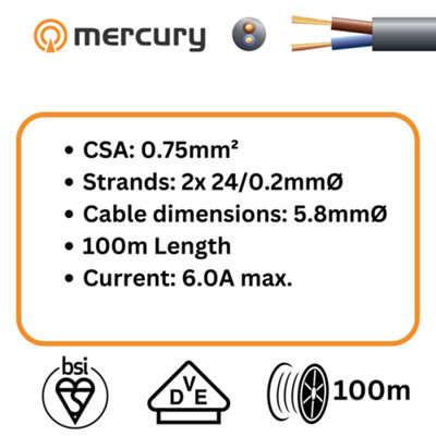 100m Cable 2182Y 2 Core Round PVC, 300/300V, HO3VV-F2, 6A 100m Length Reel - Black