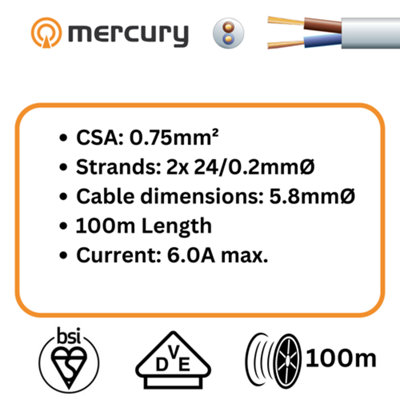 100m Cable 2182Y 2 Core Round PVC, 300/300V, HO3VV-F2, 6A 100m Length Reel - White