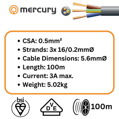 100m Cable 2183Y 3 Core Round PVC, 300/300V, HO3VV-F3, 3A 100m Reel