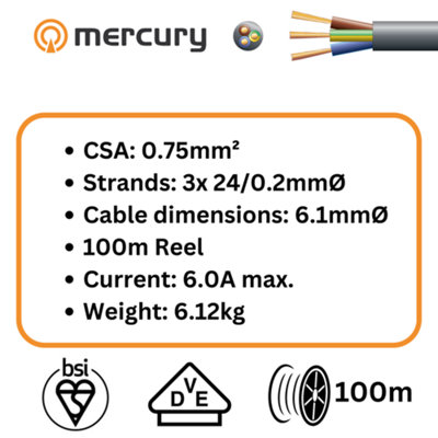 100m Cable 2183Y 3 Core Round PVC, 300/300V, HO3VV-F3, 6A - 100m Reel Black