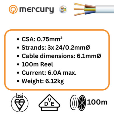 100m Cable 2183Y 3 Core Round PVC, 300/300V, HO3VV-F3, 6A - 100m Reel White