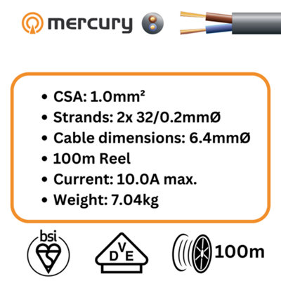 100m Cable 3182Y 2 Core Round PVC, 300/500V, HO5VV-F2, 10A - 100m Reel Black