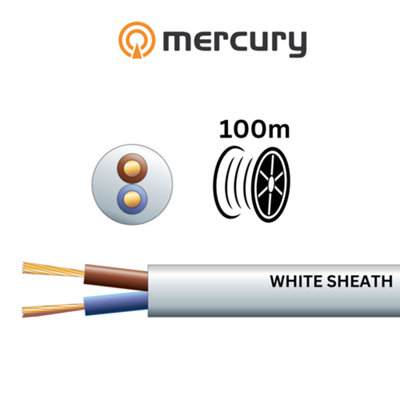 100m Cable 3182Y 2 Core Round PVC, 300/500V, HO5VV-F2, 15A 100m Reel - White